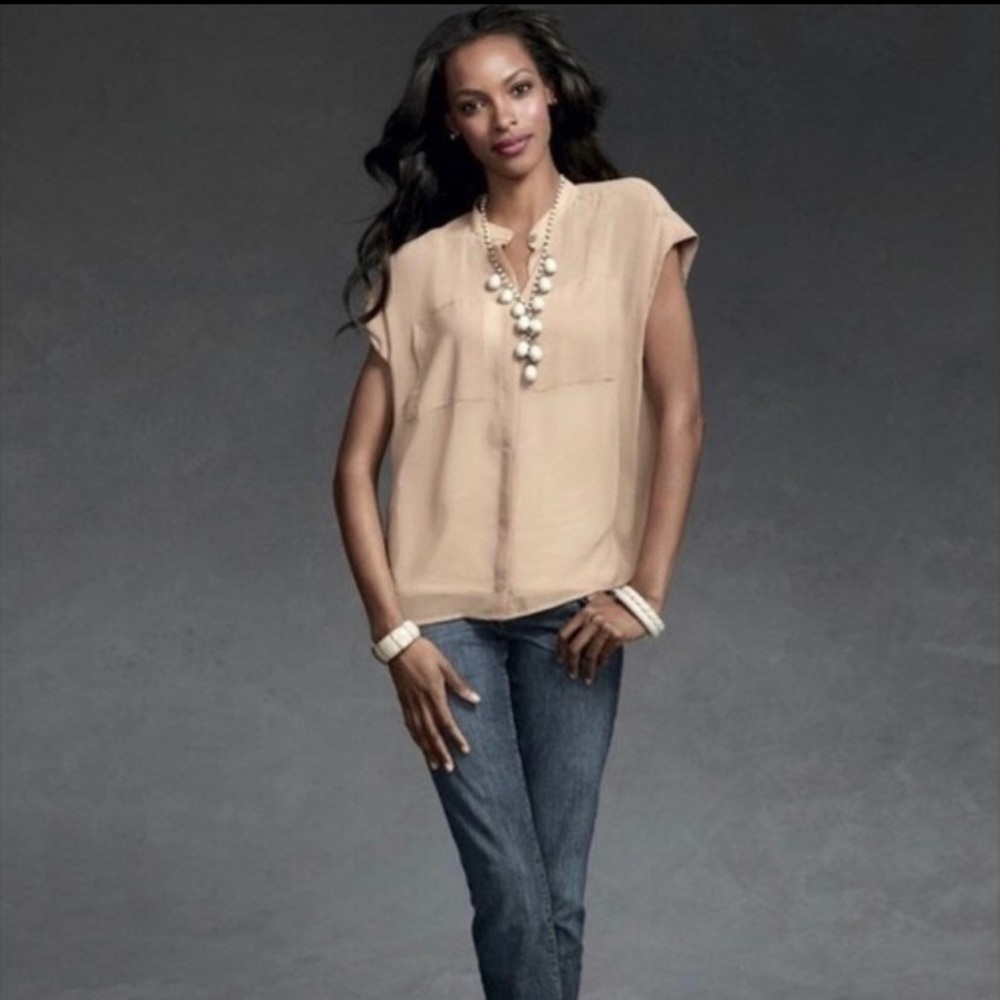 CAbi Nude Chai Tea Chest Pockets Sheer Button V-Neck Blouse Style #970